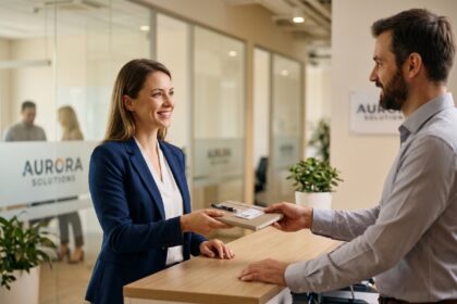RH accueillant une nouvelle salariée avec un kit de bienvenue dans un bureau moderne