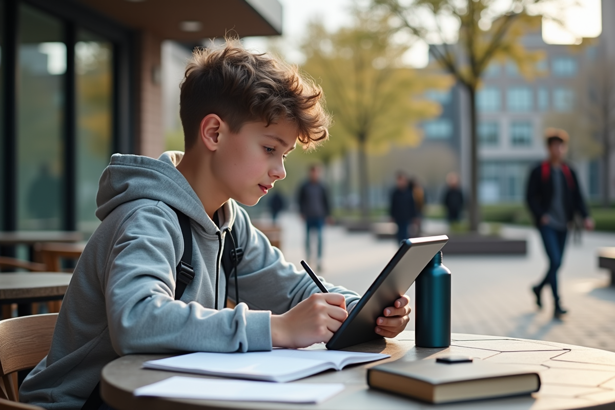 Adolescent étudie avec tablette en extérieur au café