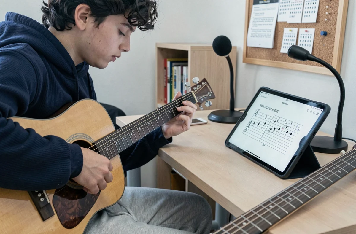 Adolescent apprenant les accords ouverts de guitare à l'aide d'une tablature numérique sur tablette dans sa chambre