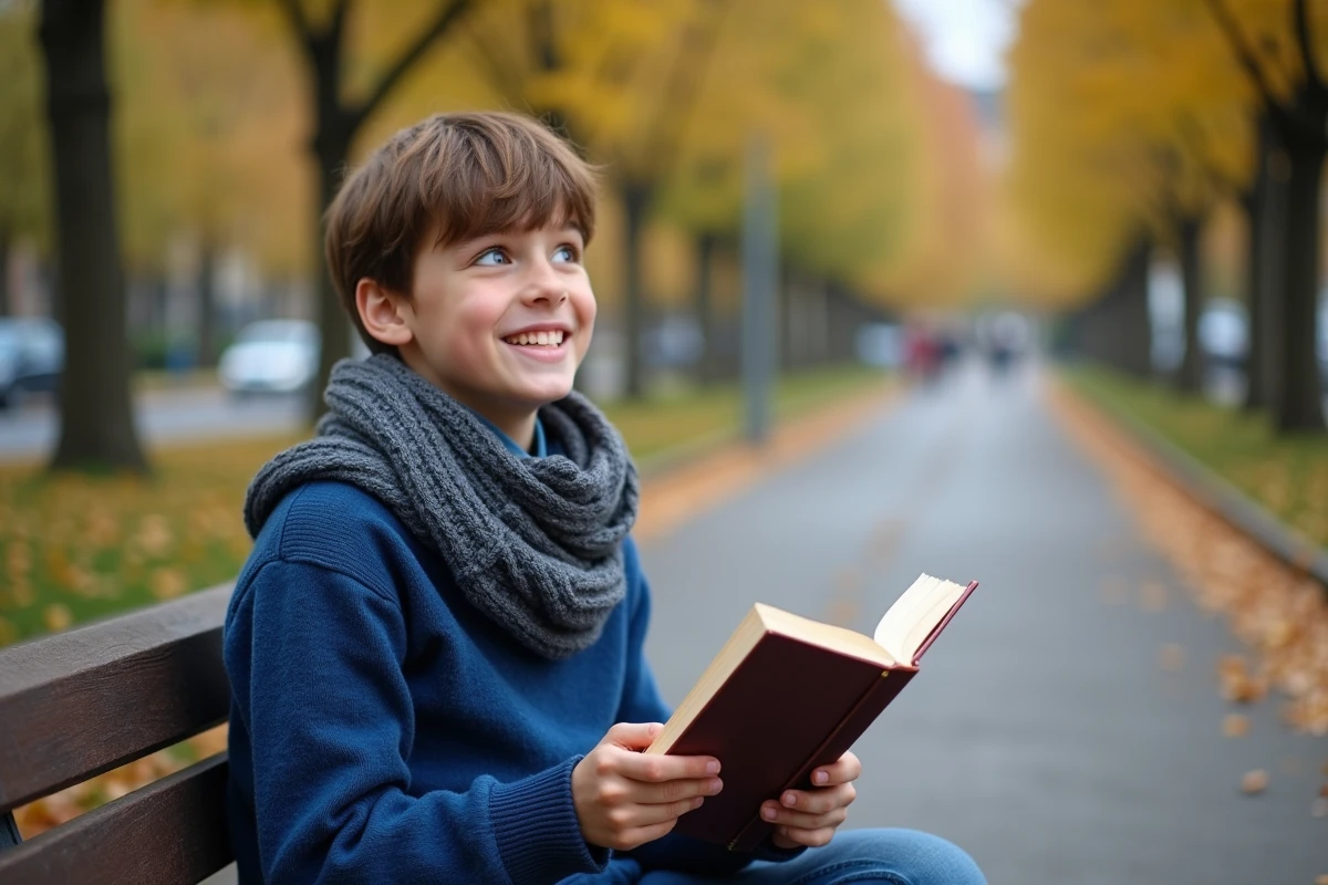 Adolescent lisant un livre de grammaire dans un parc en automne