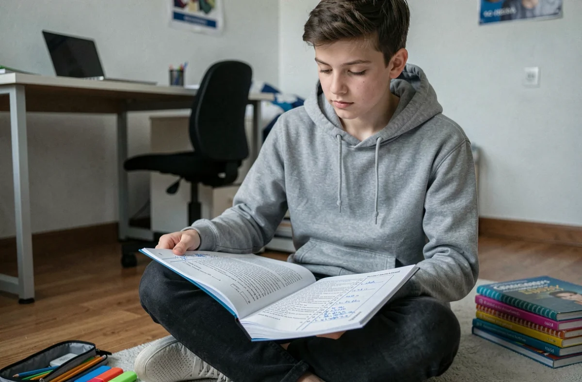 Adolescent révisant les exercices corrigés de classes grammaticales assis par terre dans sa chambre