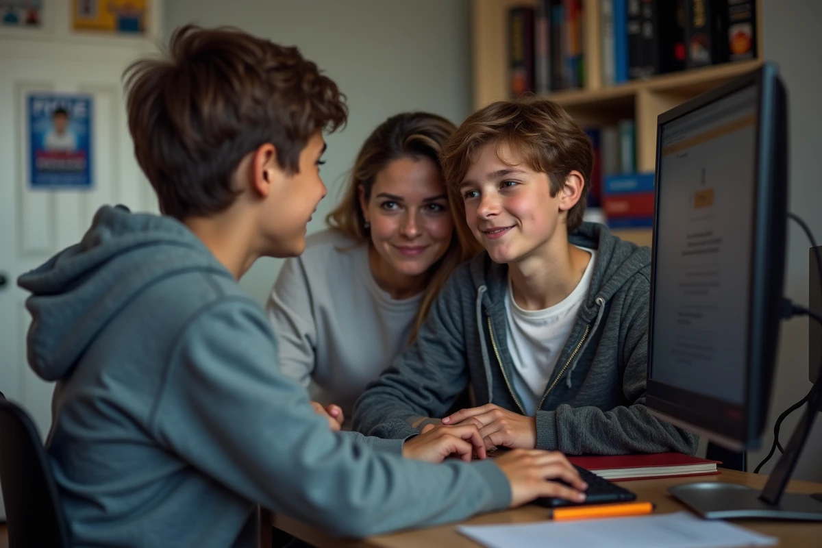 Adolescent et sa mère explorant ensemble le site Pôle Emploi depuis un bureau dans une chambre d'ado