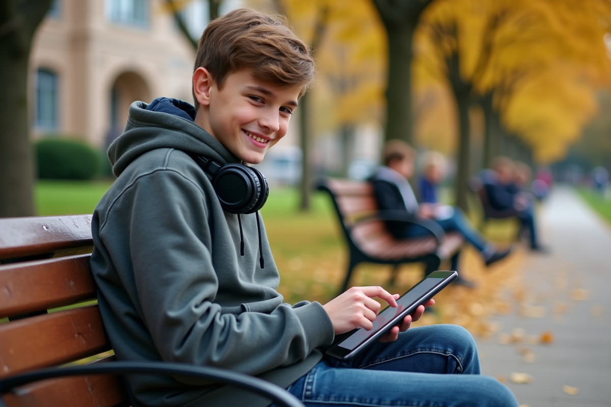 Adolescent souriant avec une tablette dans un parc