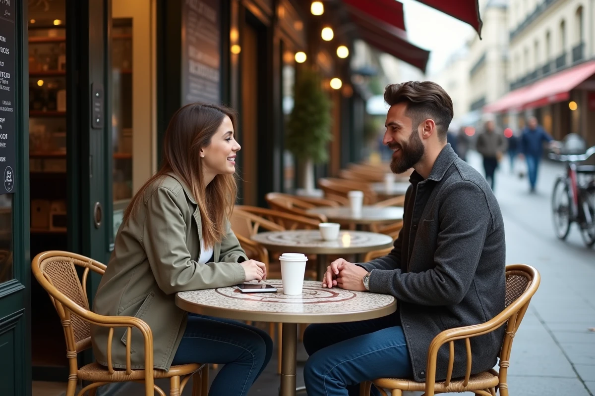 Deux amis à une terrasse de café parisien, l'un sur le point de partir, scène illustrant les expressions avec partir