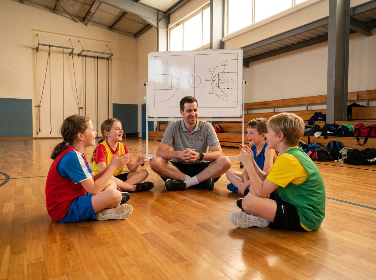 Animateur sportif en pause avec un groupe d'enfants assis sur le parquet d'un gymnase