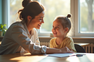 Assistante attentionnee aidant un jeune enfant en classe