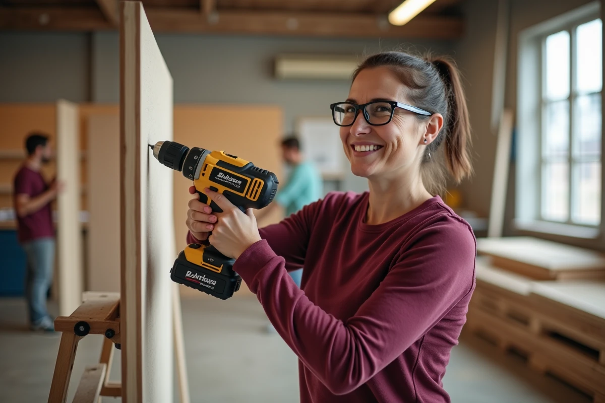 Femme utilisant une perceuse électrique lors d'un atelier bricolage collectif pour femmes autonomes
