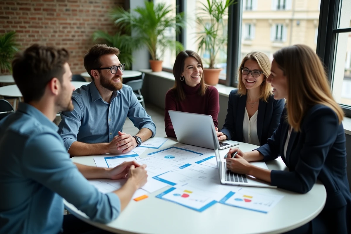 Atelier collaboratif lors d'une conférence marketing digital à Paris avec des professionnels analysant une stratégie digitale ensemble