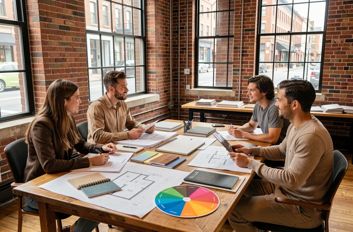 Étudiants en formation classique de décoration intérieure travaillant ensemble en atelier avec plans et matériaux