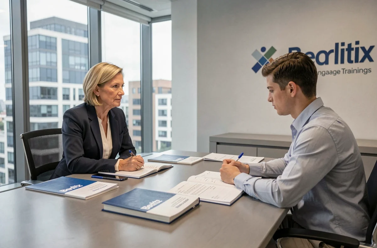 Formatrice Berlitz en session d'anglais professionnel face à un apprenant adulte dans un cadre corporate