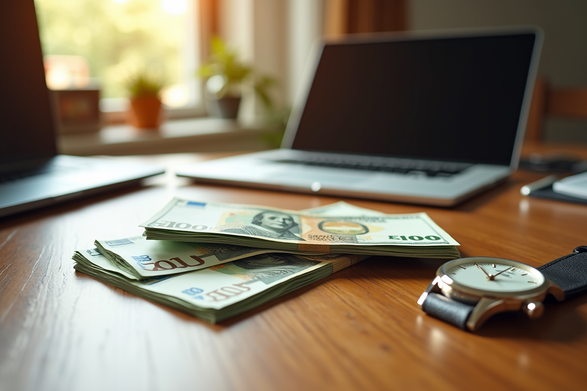 Argent en billets euros et dollars sur un bureau lumineux
