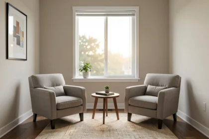 Cabinet de consultation avec deux fauteuils et une lumière douce