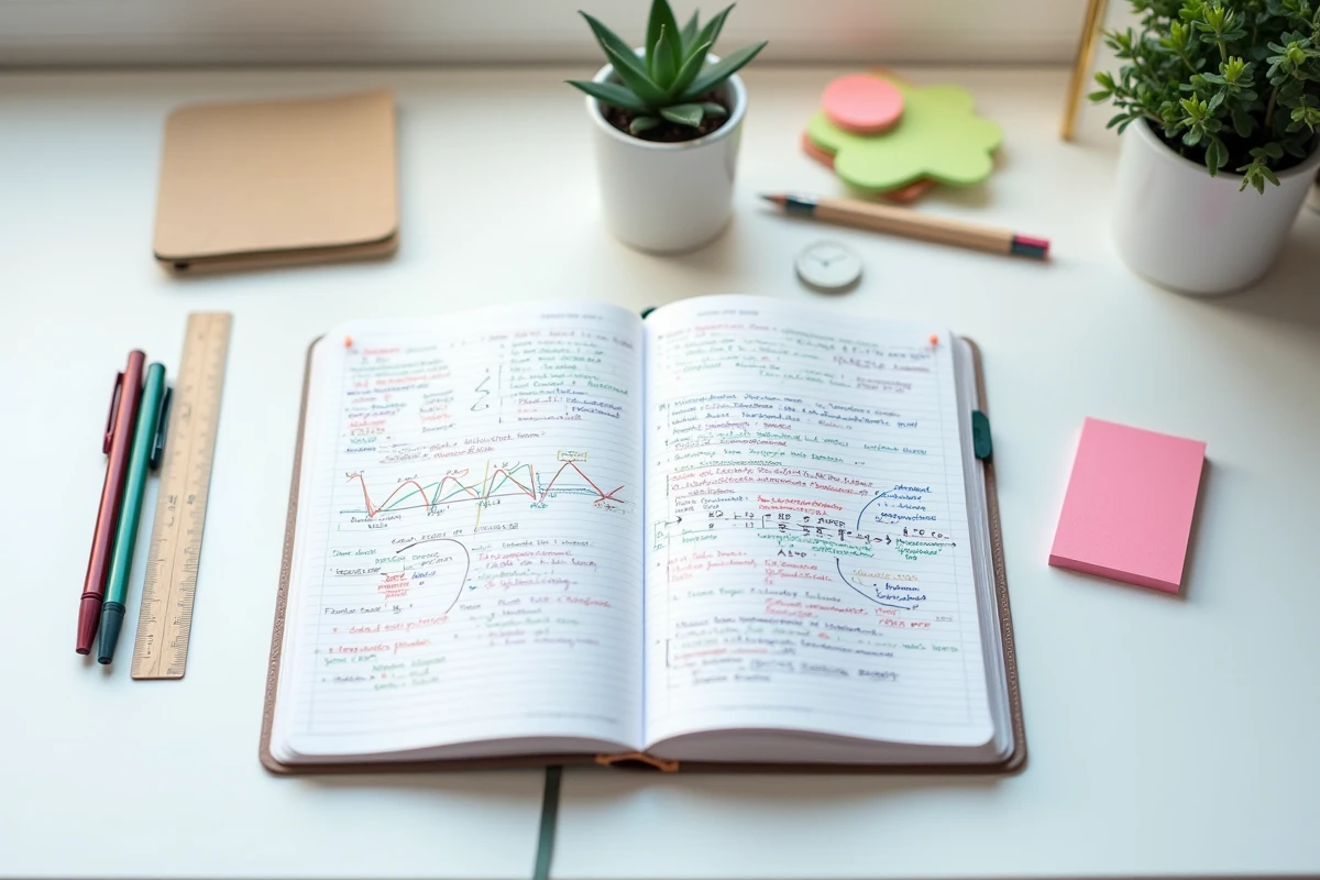 Cahier de prépa ouvert sur un bureau avec des notes manuscrites colorées, des cartes mentales et des fiches de révision bien organisées