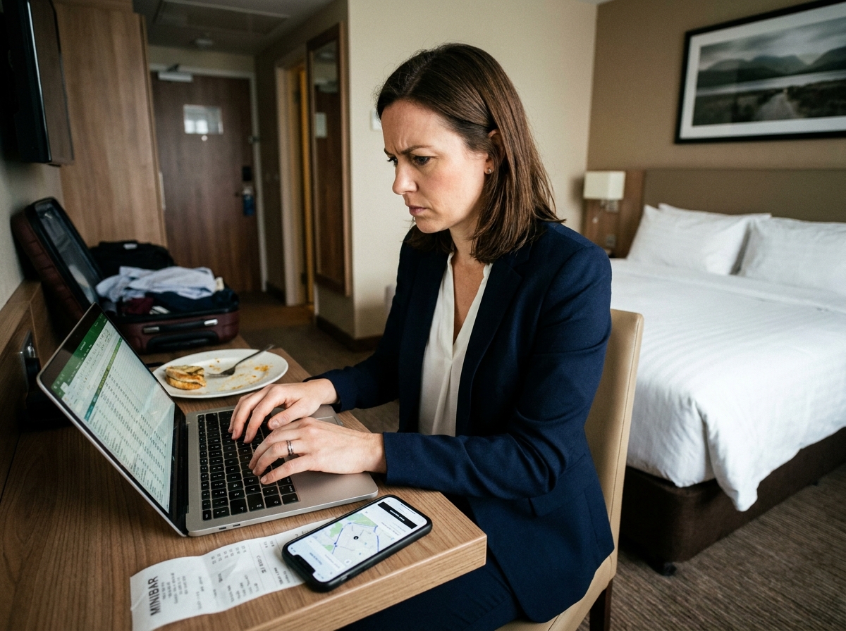 Professionnelle calculant le coût total de son déplacement depuis sa chambre d'hôtel avec reçus et application de mobilité ouverte