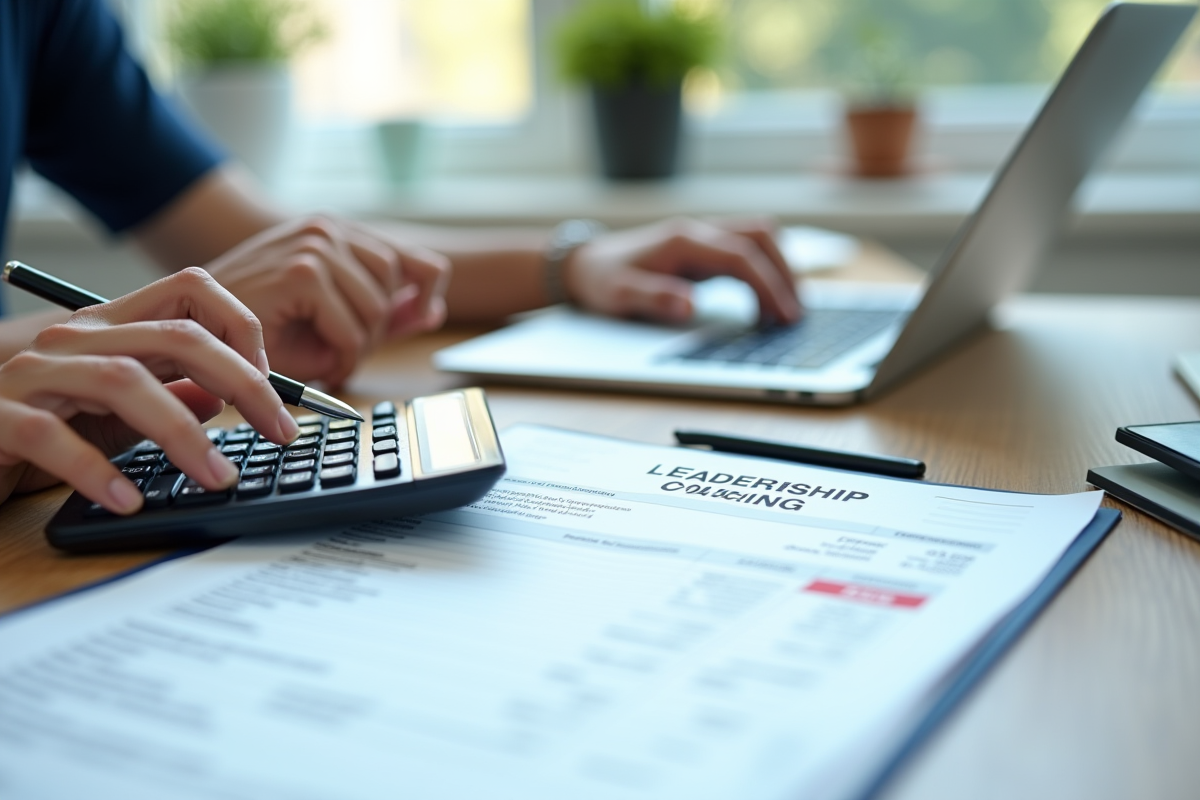 Main tenant une calculatrice sur une facture de coaching leadership