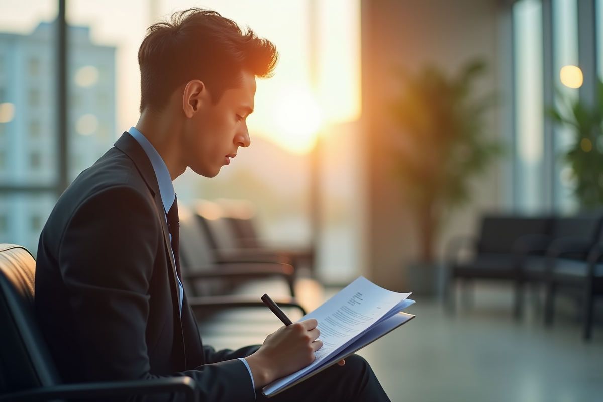 Étudiant concentré préparant ses notes dans un espace d