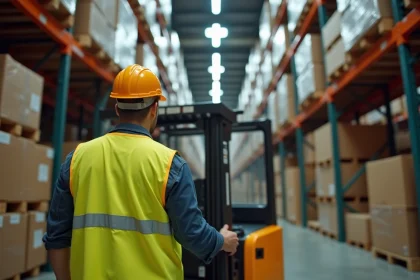 Cariste professionnel titulaire du CACES 1 et 3 manœuvrant un chariot élévateur dans un entrepôt logistique moderne