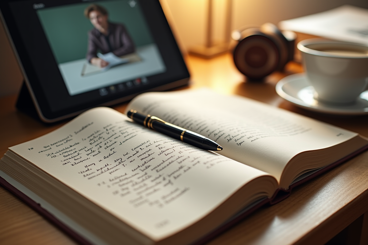 Livre ouvert notes tablette et cafe sur bureau chaleureux