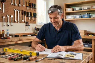 Homme étudiant un manuel de certification bricolage dans un atelier maison bien organisé avec des outils accrochés au mur