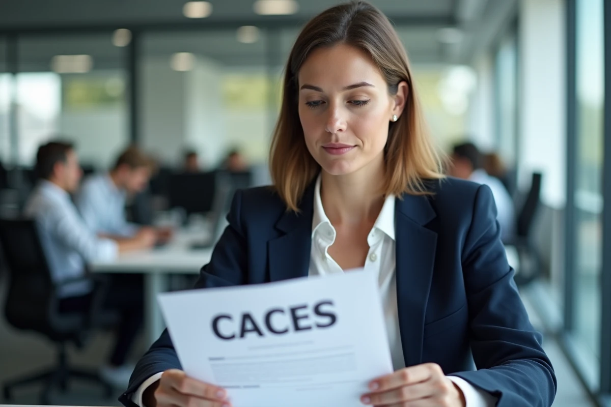 Femme professionnelle consultant son certificat CACES 1 et 3 dans un bureau d'entreprise logistique