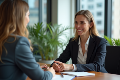 Femme en réunion avec coach dans un bureau moderne