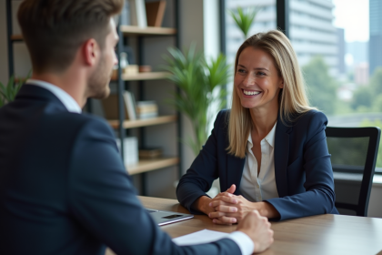Coach femme en discussion avec un client dans un bureau moderne