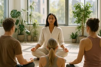 Coach de bien-être guidant une méditation en studio lumineux