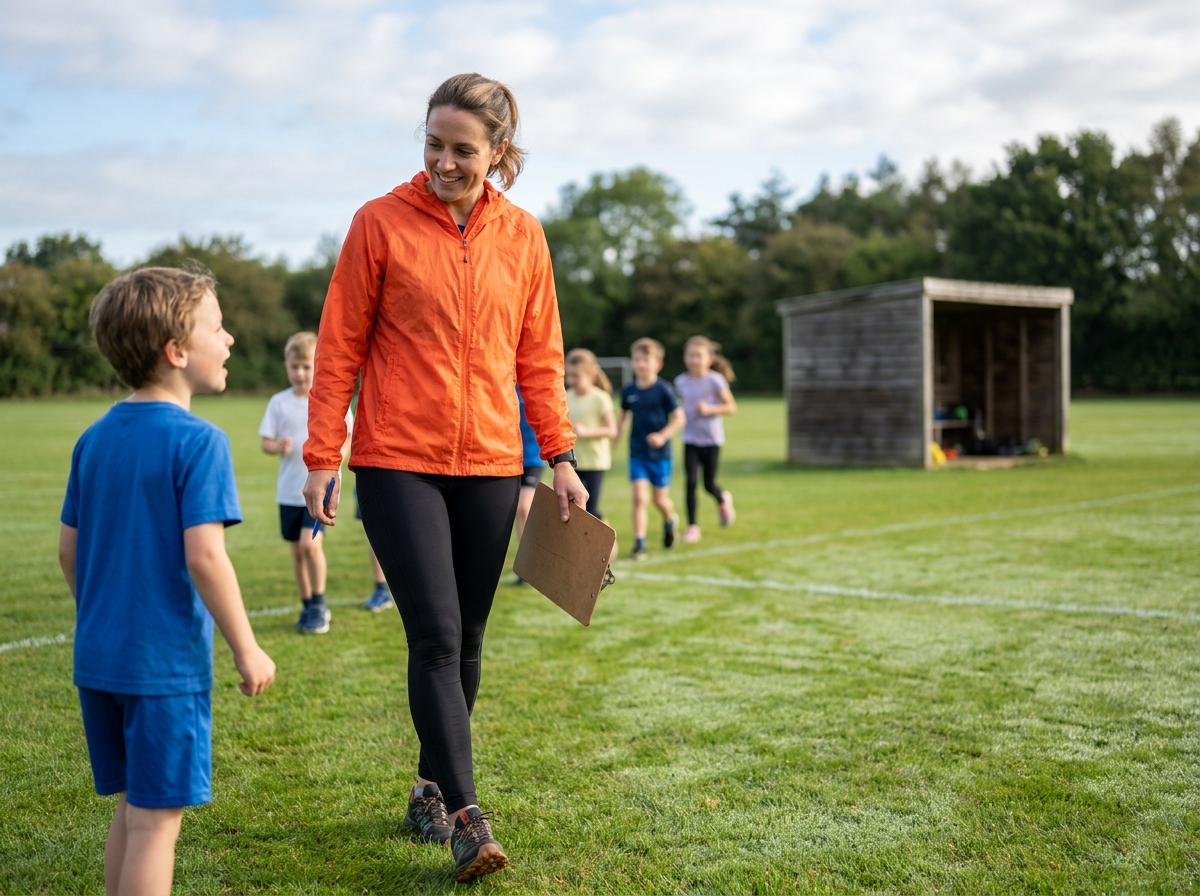 Coach sportive prenant des notes et échangeant avec un enfant sur un terrain de sport en herbe