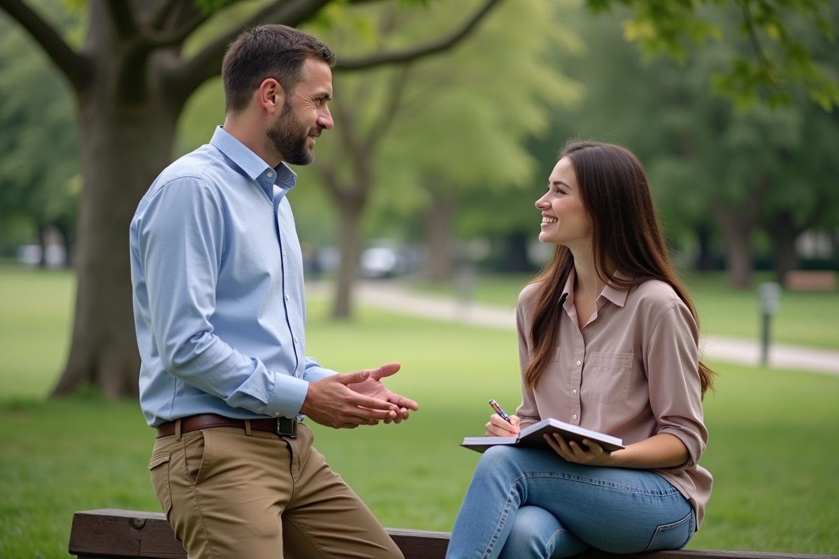 Homme en coaching en plein air avec une jeune femme dans un parc
