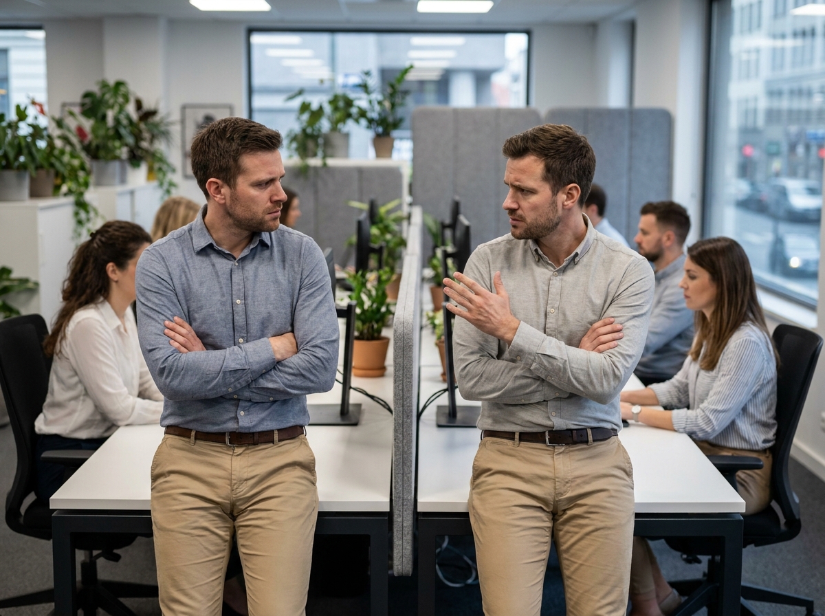 Deux collègues masculins en désaccord dans un open space moderne, illustrant les tensions interpersonnelles au sein d'une même équipe de travail