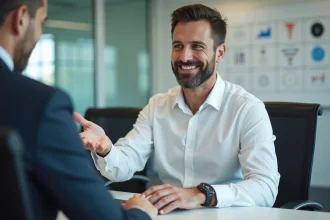 Commercial présentant les tarifs d'un logiciel emailing à un client dans un bureau moderne