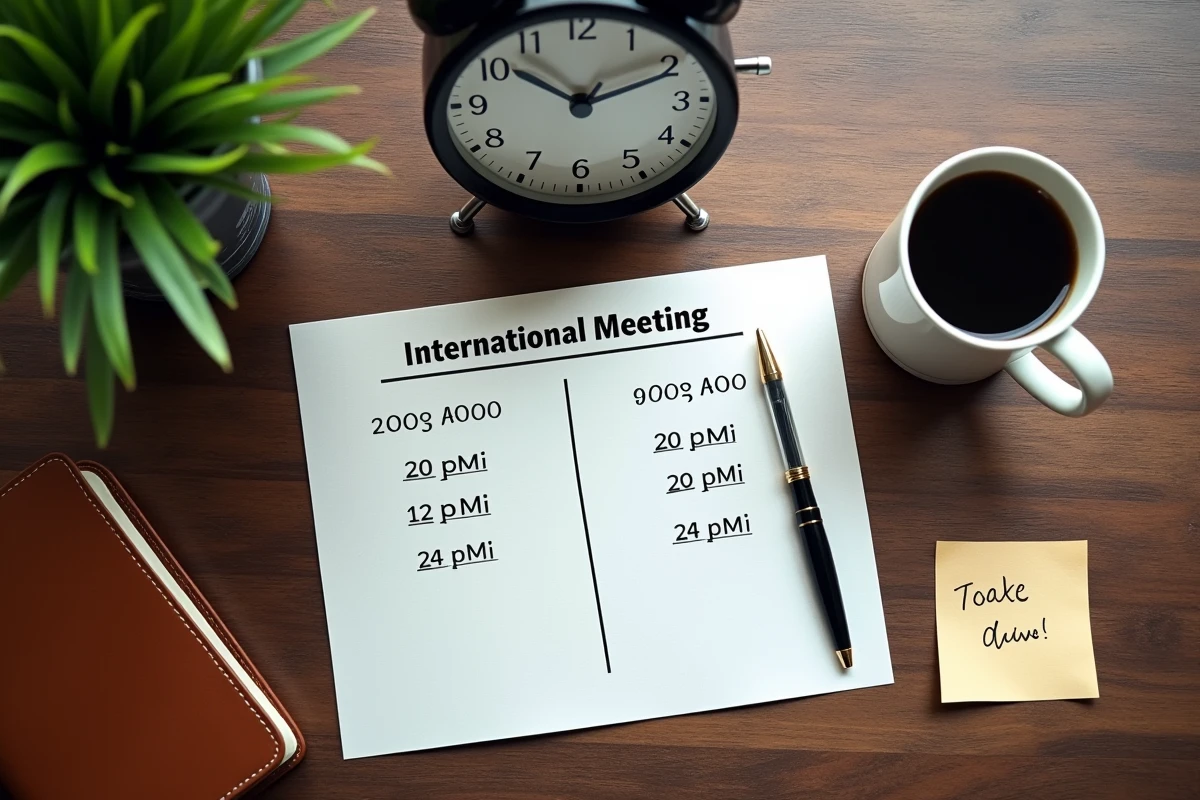 Vue de dessus d'un bureau avec une horloge analogique et un agenda comparant les formats horaires AM PM et 24 heures