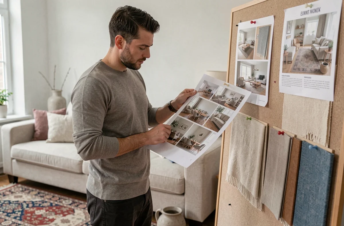 Décorateur comparant une planche tendance aux échantillons et agencements d'un espace de mise en scène intérieure