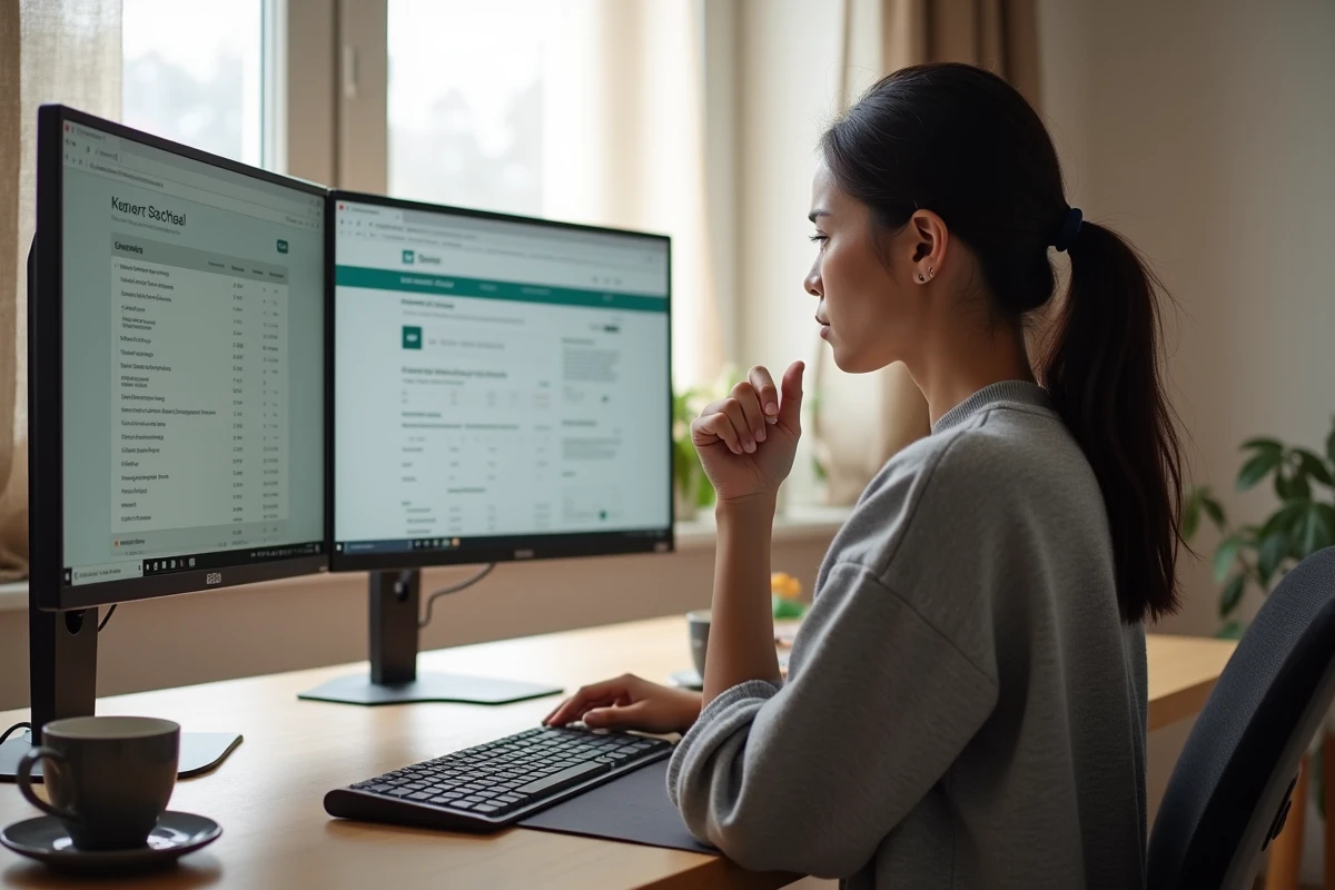 Femme comparant les tarifs d'un logiciel emailing sur ordinateur à son bureau à domicile