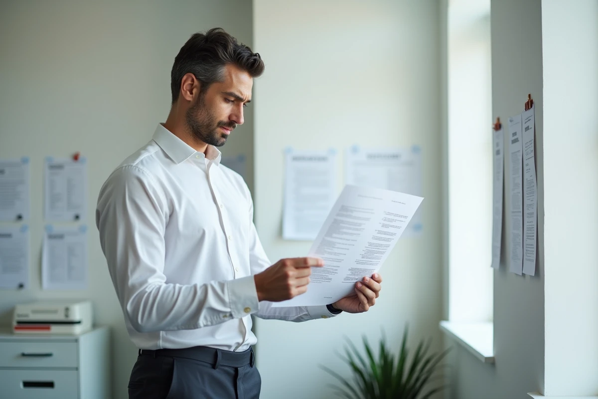 Homme comparant deux versions d'une lettre de motivation pour postuler en gendarmerie dans un bureau