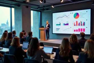 Conférence marketing digitale à Paris avec une intervenante experte présentant une stratégie digitale devant un large public de professionnels