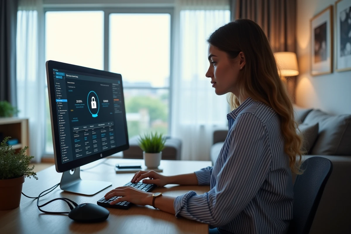 Jeune femme configurant une connexion réseau sécurisée pour accéder à ENC92 depuis chez elle