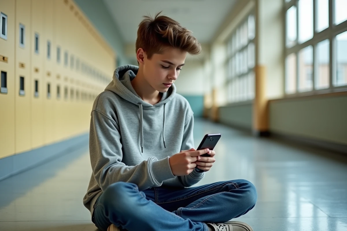 Adolescent révisant la conjugaison des verbes espagnols à l'oral via une application sur smartphone dans un couloir de lycée