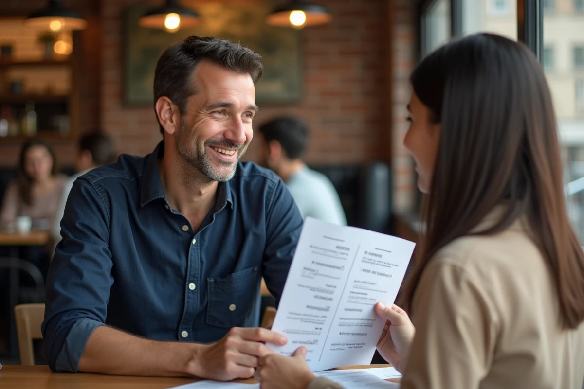 Homme pratiquant la conjugaison espagnole à l'oral avec une tutrice dans un café, illustrant la différence entre espagnol oral et écrit