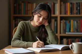 Jeune femme étudiant la conjugaison des verbes espagnols à l'écrit dans un cahier, entourée de livres de grammaire espagnole sur un bureau en bois