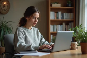 Femme professionnelle se connectant à un portail sécurisé ENC92 depuis son bureau à domicile