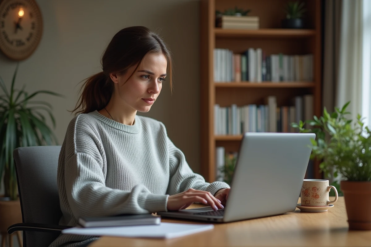 Femme professionnelle se connectant à un portail sécurisé ENC92 depuis son bureau à domicile