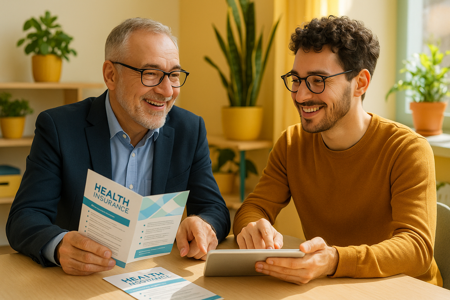 Conseiller en assurance discutant avec un freelance dans un bureau lumineux