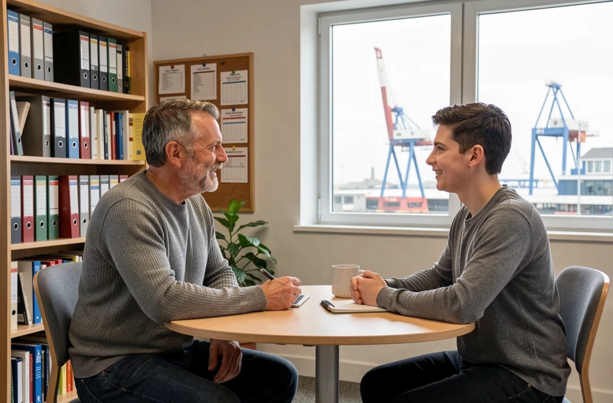 Homme en reconversion professionnelle discutant avec un conseiller du Cnam dans un bureau d'orientation à Saint-Nazaire