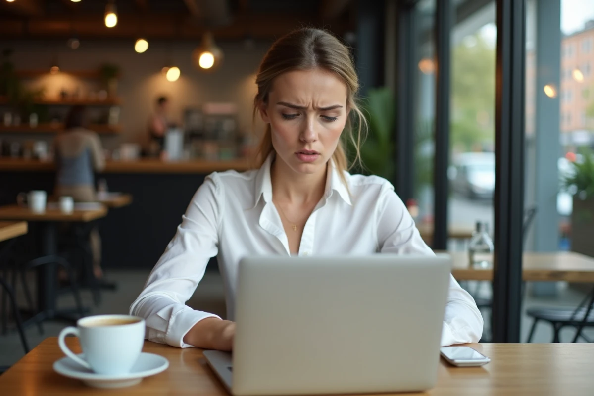 Jeune professionnelle en télétravail dans un café corrigeant les erreurs de son outil emailing WeLoveFormationMarketing