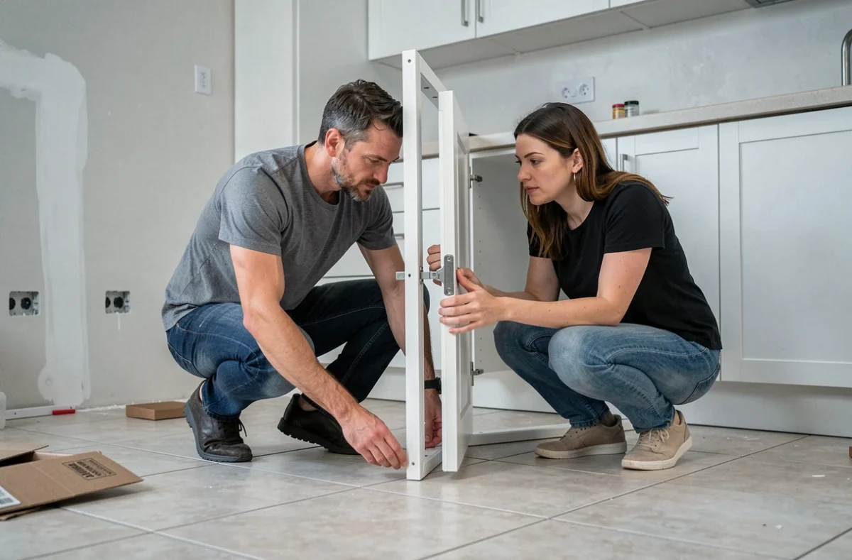 Couple de débutants tentant d'installer une porte de meuble mal alignée lors d'un stage bricolage dans une cuisine en rénovation