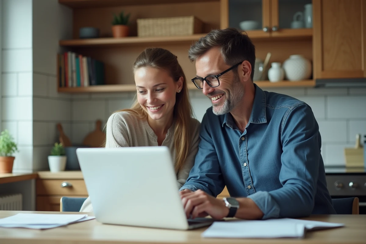 Couple d'adultes travaillant sur un ordinateur dans une cuisine lumineuse