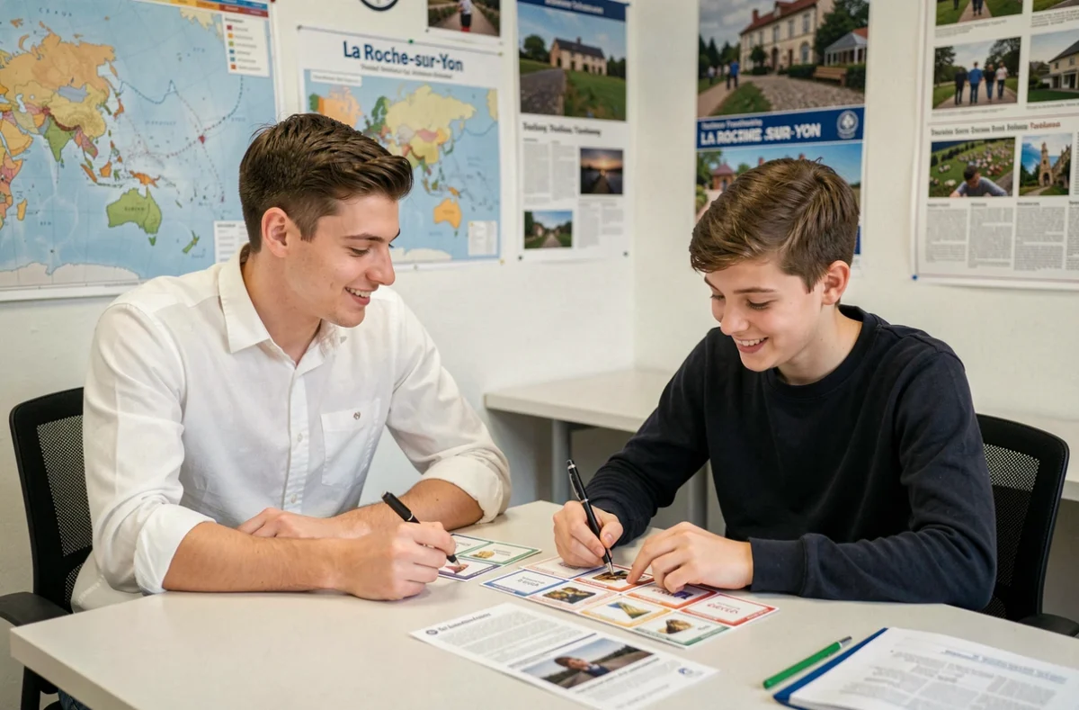 Professeur particulier de Cours Ado à La Roche-sur-Yon travaillant sur des fiches d'histoire avec un lycéen
