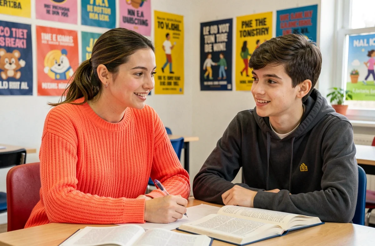 Tutrice de Cours Ado à Nantes travaillant la grammaire française avec un adolescent dans un centre coloré