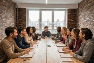 Groupe d'adultes en cours d'anglais dans une école de langues du Nord de la France